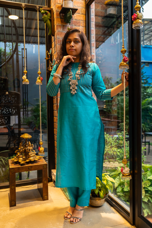 Teal Blue Silk Kurti
