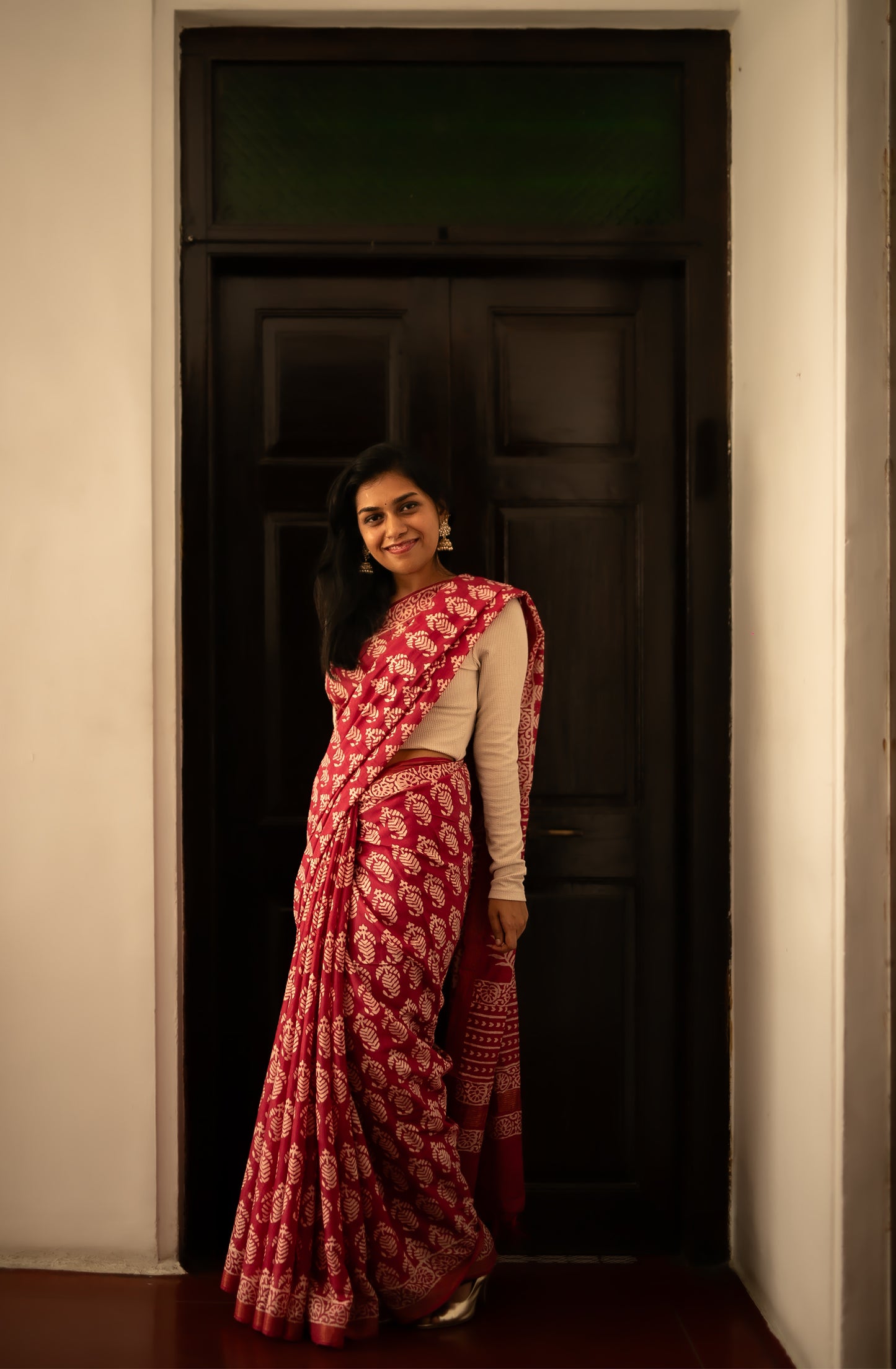 Red-block printed linen-cotton saree
