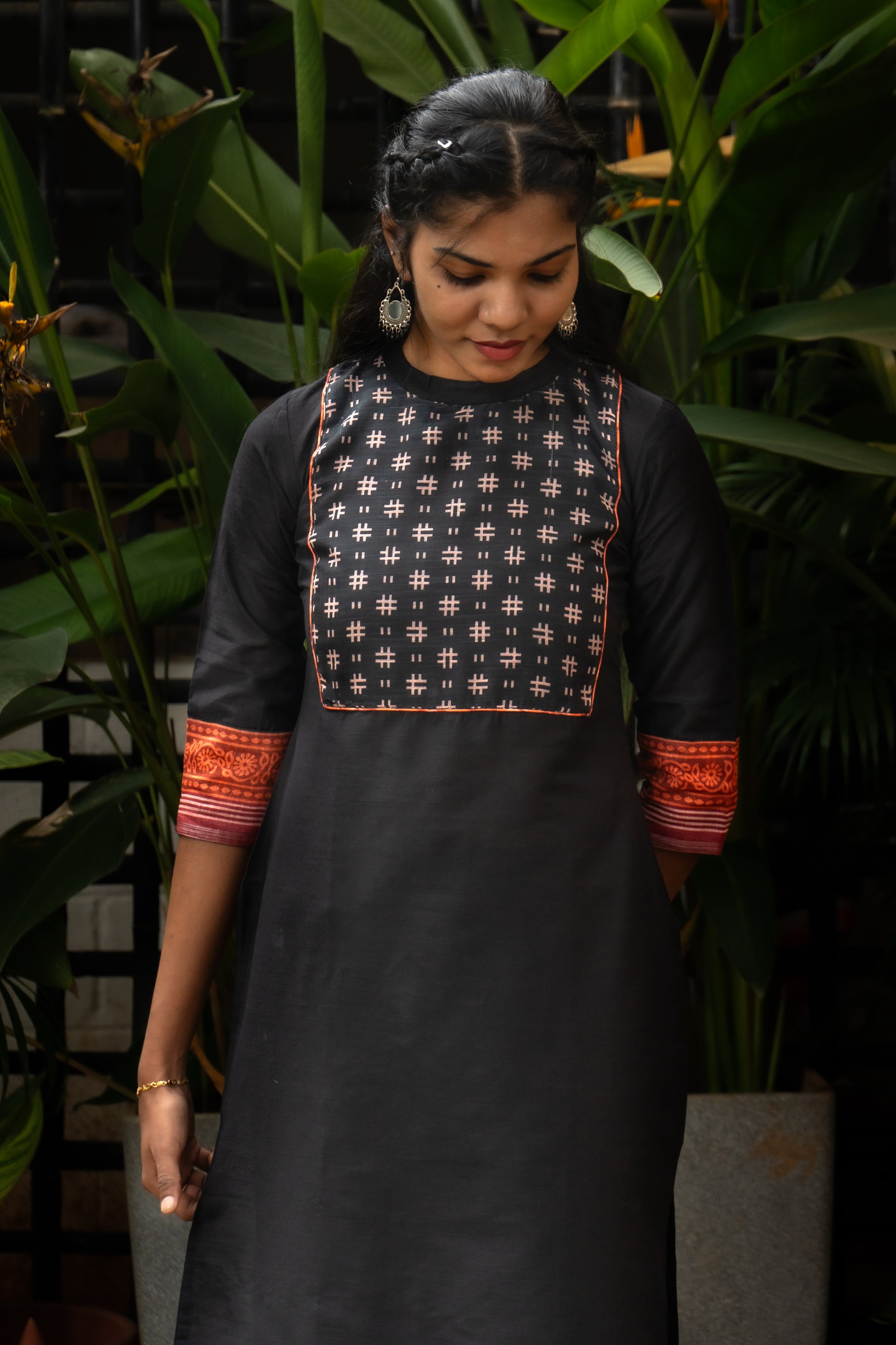 Black Cotton Silk Kurti with Ikat Yoke and Contrast Border