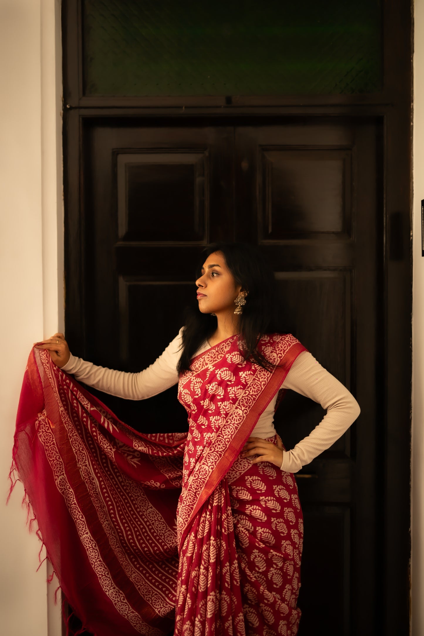 Red-block printed linen-cotton saree