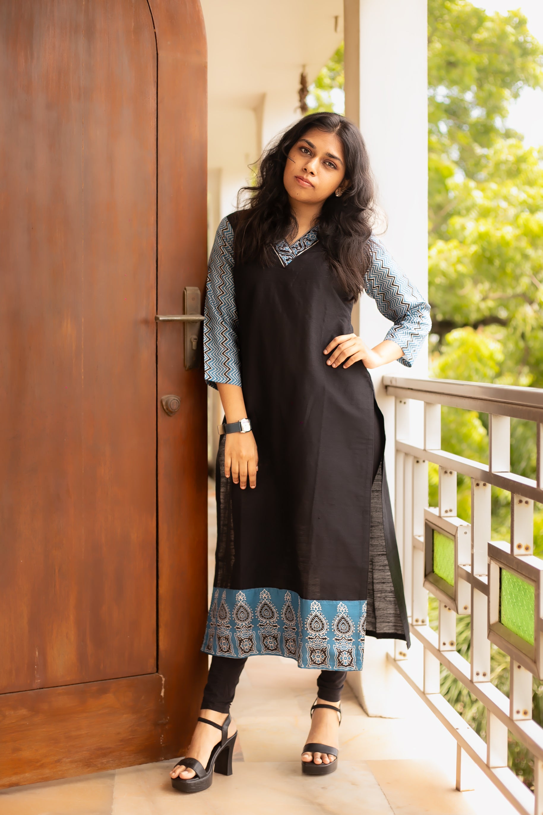 Black Dupion designer Kurti, handcrafted in Chennai,with semi-silk sleeves and borders