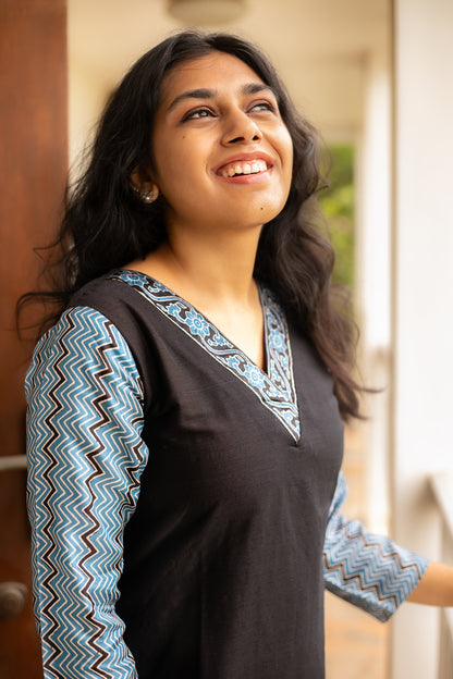 Black Dupion designer Kurti, handcrafted in Chennai,with semi-silk sleeves and borders