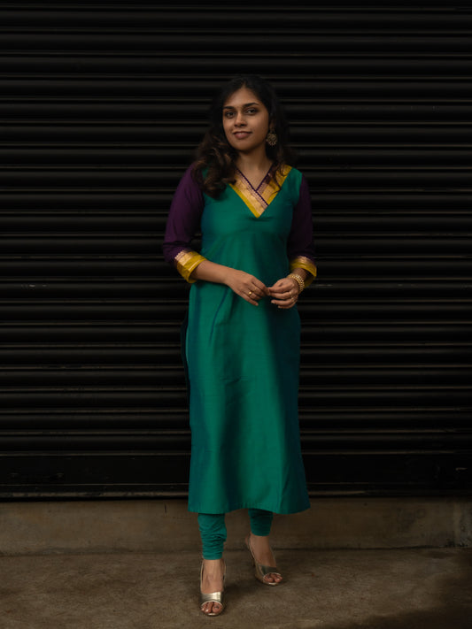 Bluish Green Dupion Kurti
