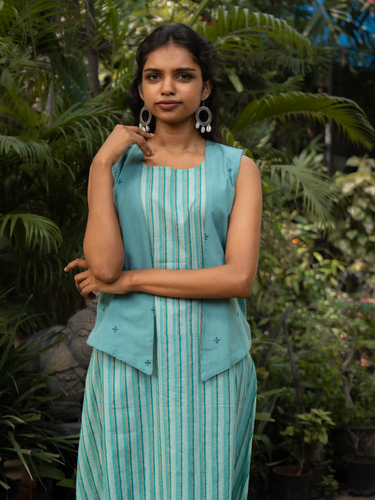 Front view of shades of blue striped ankle-length cotton kurti with sleeveless handloom cotton waistcoat from Sakyaa.