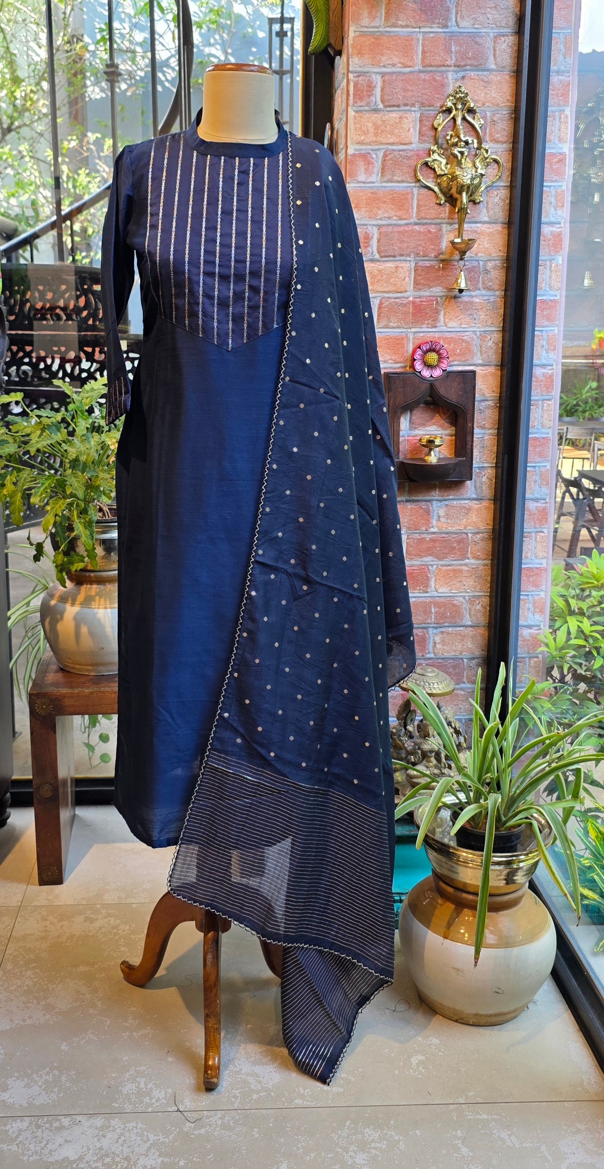 Navy close neck kurti with dupatta