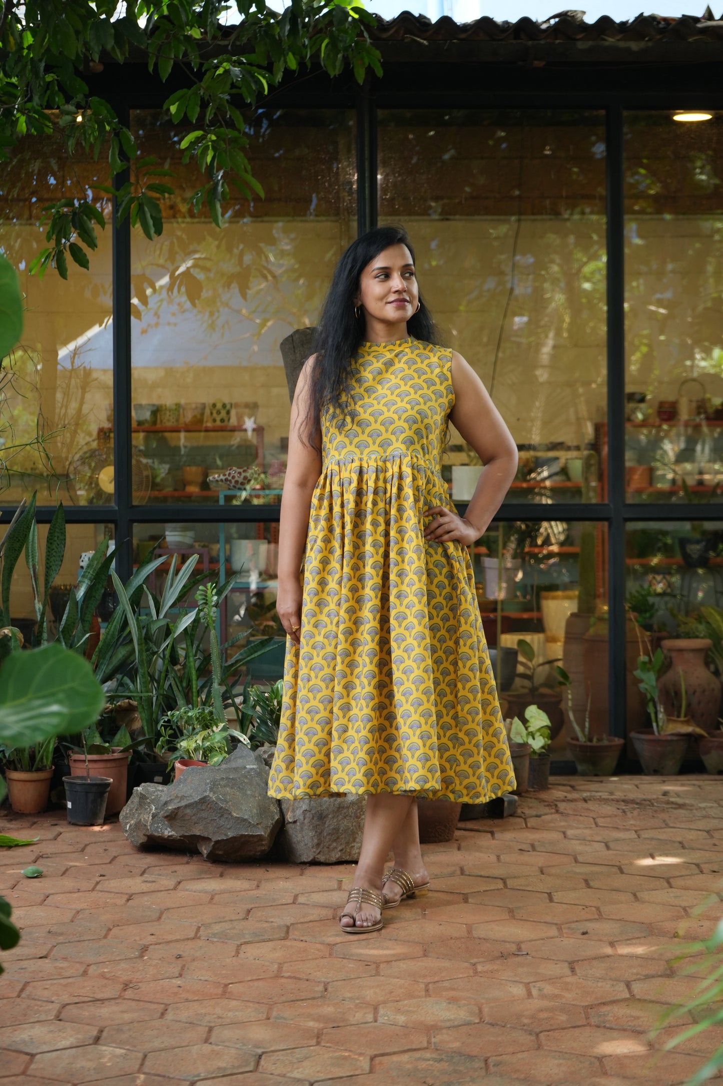 Yellow pleated dress