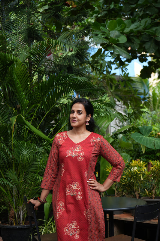 Maroon block print kurti