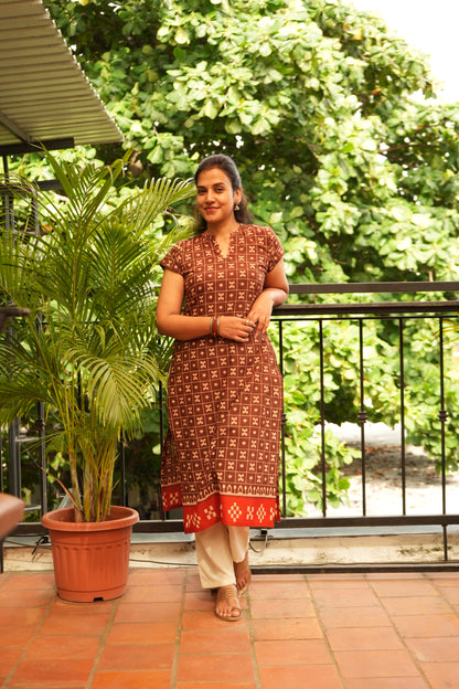 Brown ikkat print kurti
