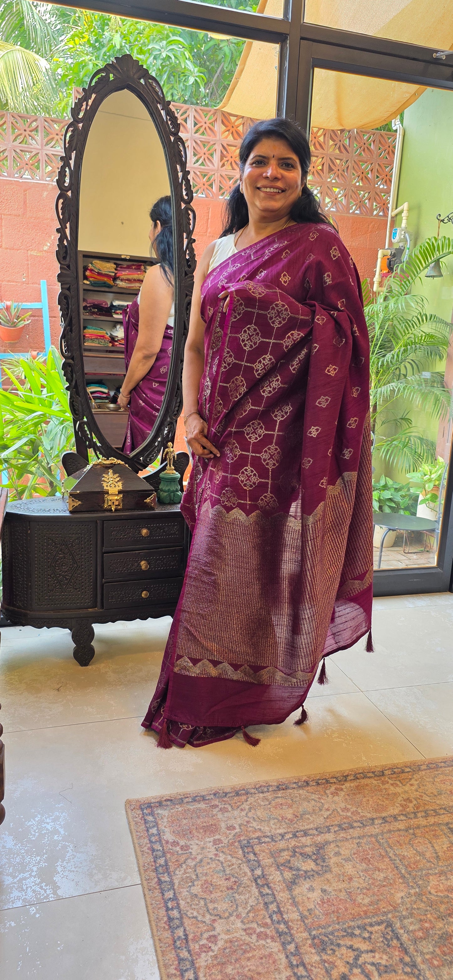 Wine raw silk saree