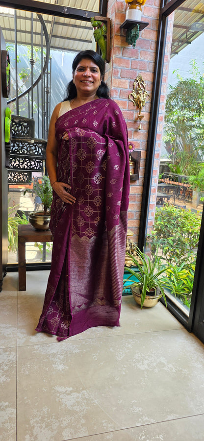 Wine raw silk saree